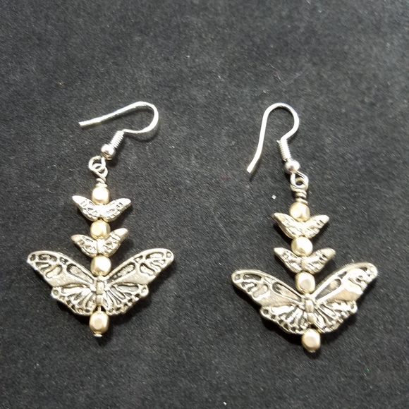 Hand Crafted Jewelry - Whimsical Silver-Toned Butterfly Charm Dangling Handcrafted Earrings